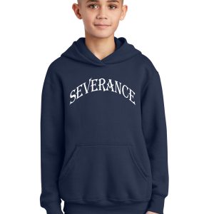Custom navy hoodie with "SEVERANCE" printed on the front, perfect for personalized screen printing, custom apparel, and streetwear fashion. Unique design suitable for street style and sportswear.