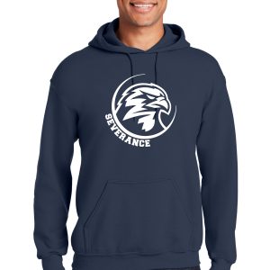 Custom navy hoodie with Silverance eagle logo, ideal for team sports, corporate events, or personalized apparel printing, showcasing high-quality screen printing and custom embroidery services.