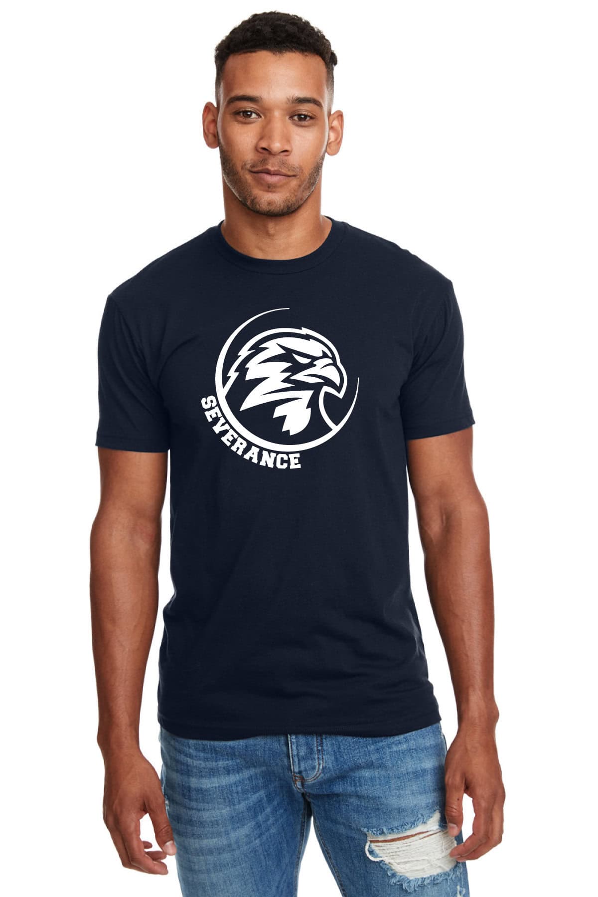 Bold navy T-shirt with a white eagle logo and "SEVERANCE" text, perfect for custom screen printing and apparel printing.