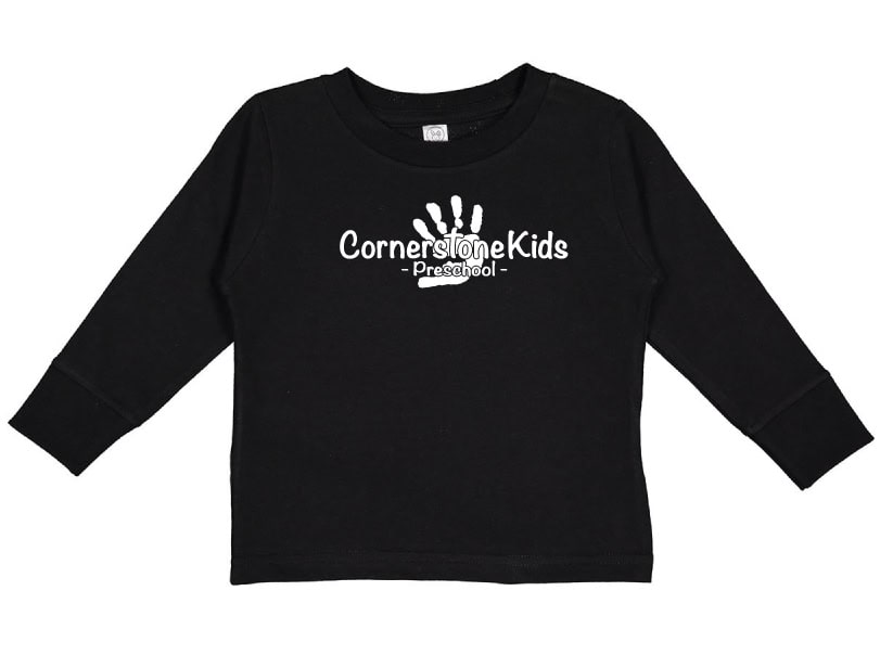 Black preschool sweatshirt with Cornerstone Kids Preschool logo, featuring a white handprint design and text, perfect for daycare and early childhood education uniforms.