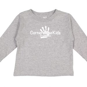 Soft gray kids' sweatshirt with Cornerstone Kids Preschool logo, featuring a white handprint and playful font, perfect for preschool uniforms and casual wear.