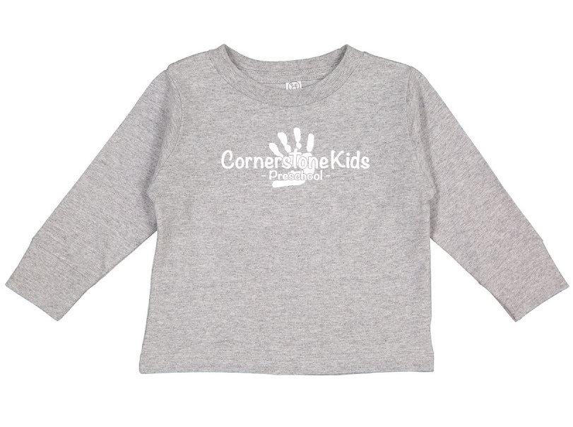 Soft gray kids' sweatshirt with Cornerstone Kids Preschool logo, featuring a white handprint and playful font, perfect for preschool uniforms and casual wear.