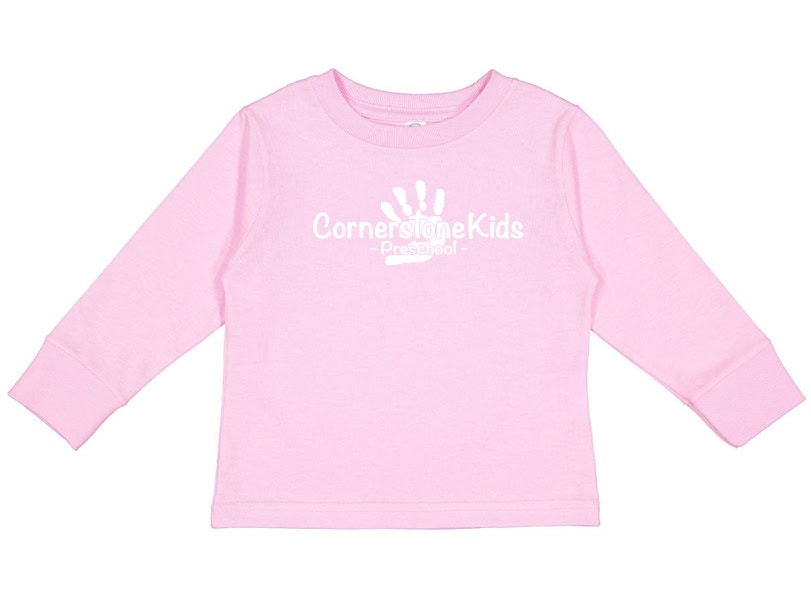 Pink preschool girl shirt with Cornerstone Kids logo and handprint design for children's clothing and preschool apparel.