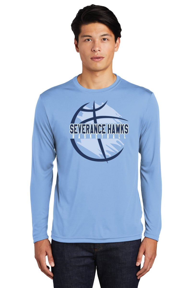 Bold sports t-shirt featuring the Severance Hawks basketball team logo, ideal for team uniforms, athletic wear, and custom printing by K&W Printing.