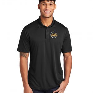 Black polo shirt with K&W Printing logo, perfect for custom team or corporate apparel, showcasing high-quality embroidery and printing services. Ideal for promotional wear or uniforms.