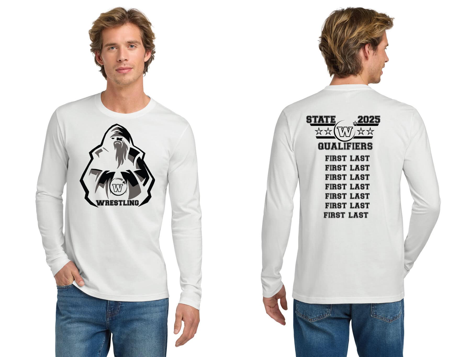 Custom wrestling long sleeve shirt featuring a bold eagle logo, ideal for sports teams and athletic wear, printed by K&W Printing.