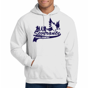 Bold white hoodie featuring a custom design for Sevarance Cross Country, showcasing vibrant screen printing artwork perfect for athletic team apparel and casual wear.
