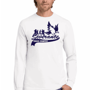 Silkscreen printed long sleeve T-shirt featuring Southeast cross country running team logo with eagle and runners, ideal for custom team apparel.