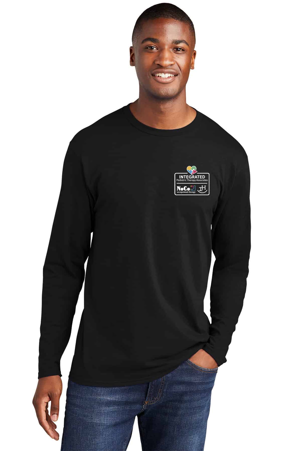 Black long sleeve T-shirt with custom healthcare logo design, ideal for promotional apparel, team uniforms, or healthcare industry branding, showcasing professional screen printing by K&W Printing.