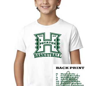 H state basketball t-shirt with team logo and player roster print, customizable youth sports apparel for school teams or team events.