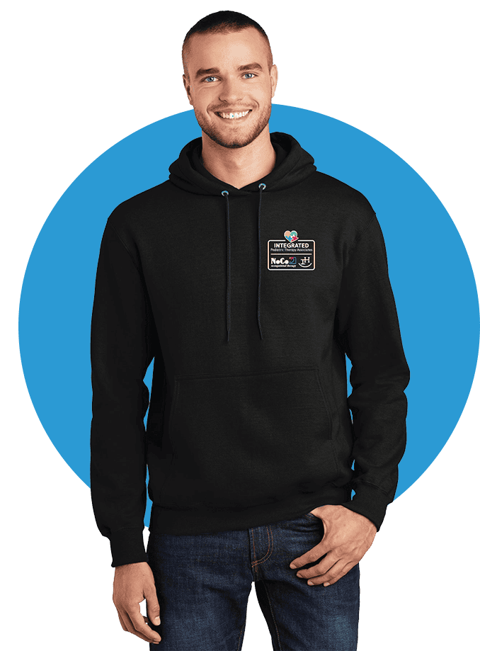 Custom printed black hoodie with integrated design and branding for promotional apparel and customized clothing by K&W Printing. Perfect for team uniforms and corporate branding.