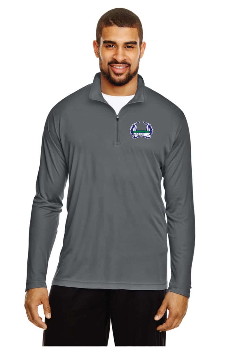 Sports apparel with custom Firebirds logo, men's athletic long sleeve quarter zip shirt, professional custom printing, athletic wear for teams and organizations.
