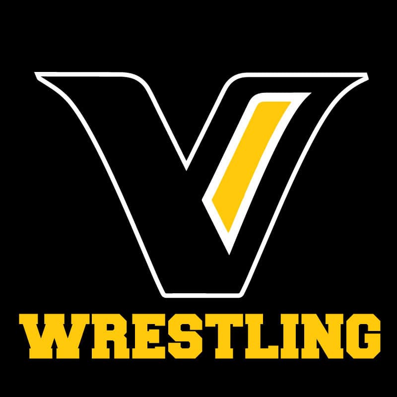 V of wrestling logo with bold yellow text on black background, representing custom sportswear printing and team apparel design from K&W Printing.