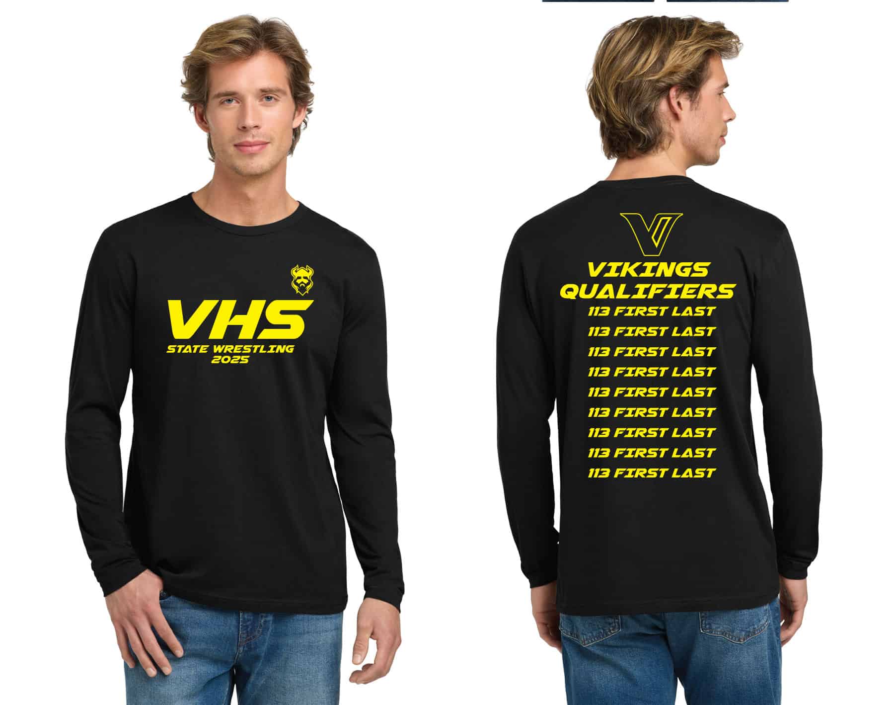 Vikings wrestling team long sleeve T-shirt with custom design, perfect for sports events and team spirit. Designed for high school athletes, featuring vibrant yellow print on black fabric.