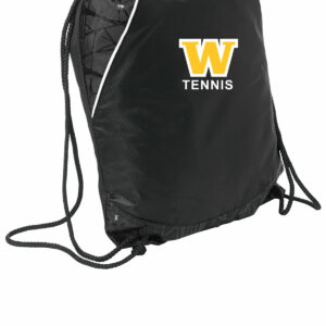 Bright black drawstring sports bag with custom "W Tennis" logo in yellow and white, ideal for tennis players or sports enthusiasts, featuring durable material for active use.