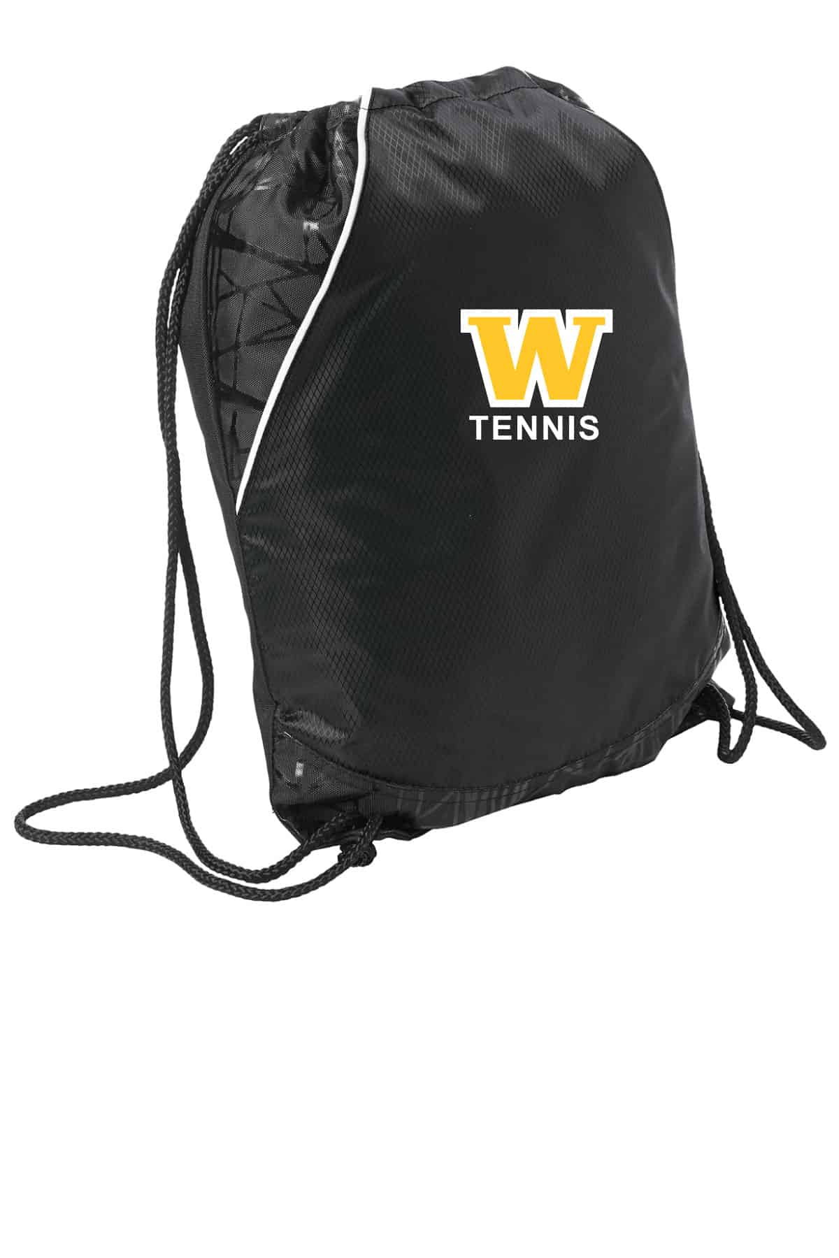 Bright black drawstring sports bag with custom "W Tennis" logo in yellow and white, ideal for tennis players or sports enthusiasts, featuring durable material for active use.
