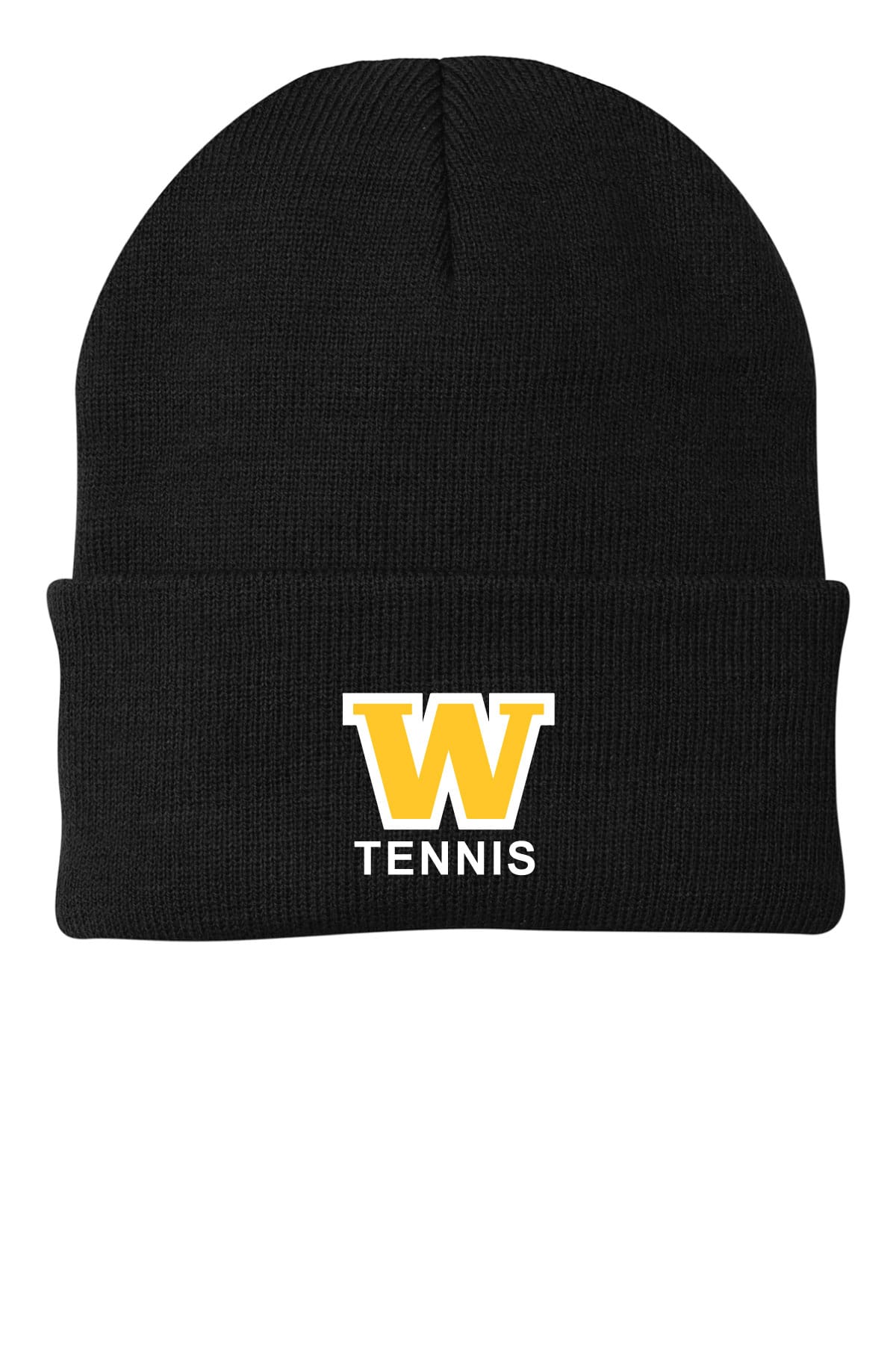 Black tennis beanie with embroidered yellow W logo and "TENNIS" text, perfect for sports fans and athletes, custom printed apparel, ideal for warmth and team spirit.