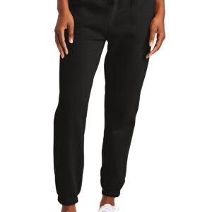Comfy black jogger pants with elastic waistband and drawstring, perfect for casual wear or customizing with screen printing or embroidery for apparel branding.