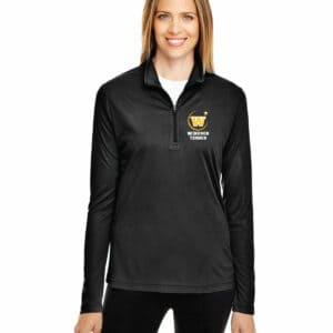 Windsor Tennis custom embroidered black quarter zip pullover with team logo, perfect for sports teams, school uniforms, or corporate apparel. High-quality apparel with vibrant logo printing.
