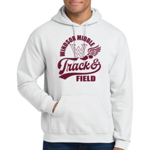 Windsor Middle School Track & Field hoodie in white with maroon print, perfect for team spirit, sportswear, and custom athletic apparel from K&W Printing.