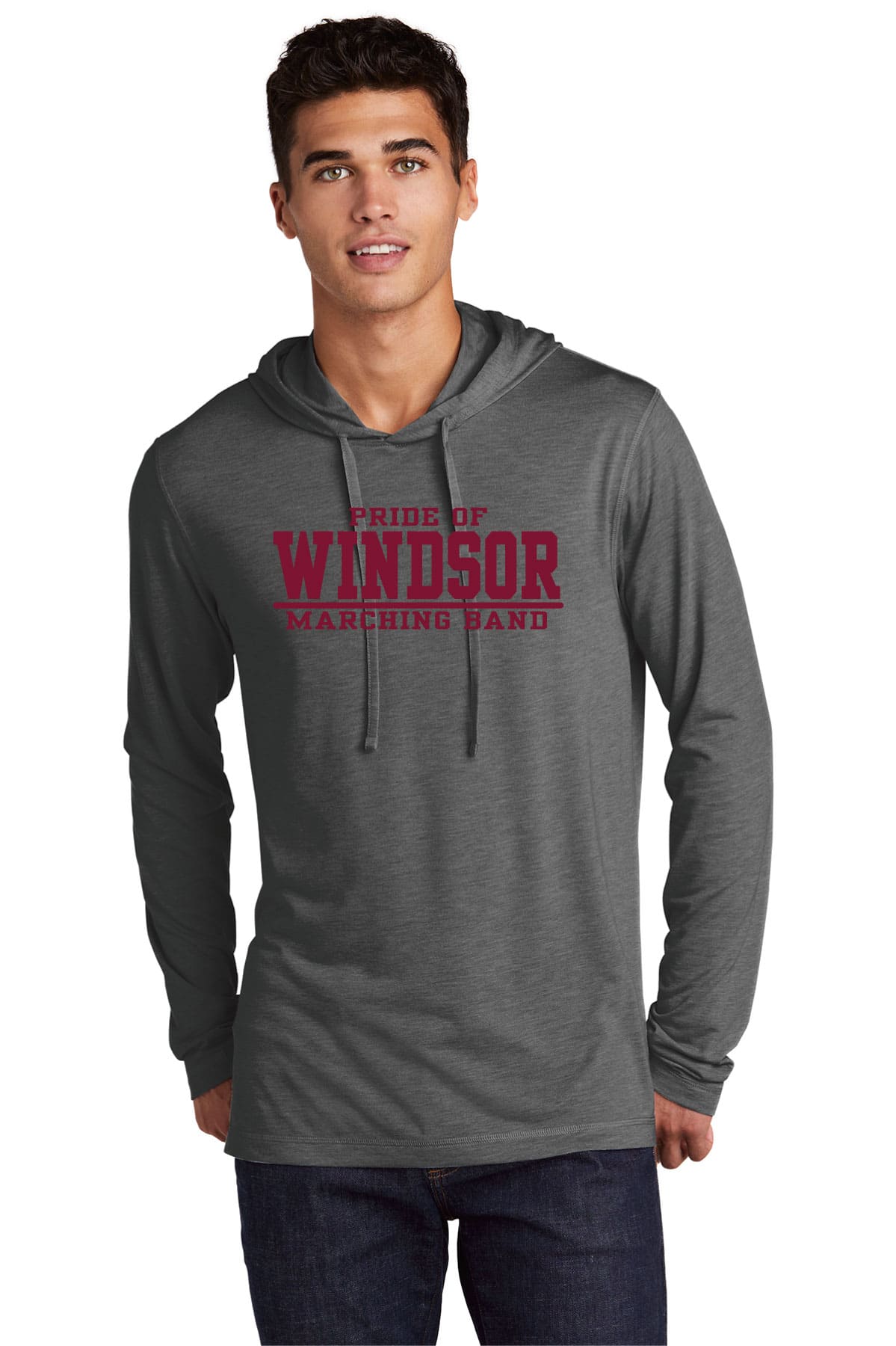 Bold grey hoodie with "Pride of Windsor Marching Band" print perfect for school spirit and band pride. Custom team apparel and embroidered hoodies available from K&W Printing.