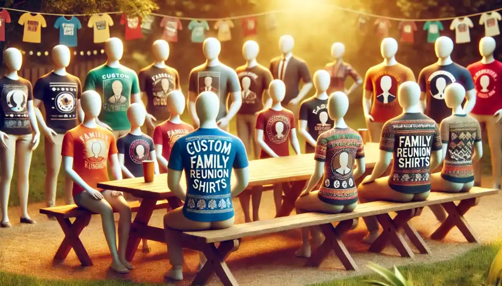 Faceless avatars wearing colorful custom family reunion shirts in a casual outdoor setting, highlighting various shirt designs for family events.