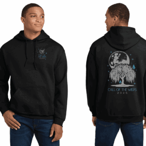 Call of the Wisps 2025 hoodie with space-themed design, moon, stars, and tree print, custom printed by K&W Printing, perfect for themed events or casual wear.