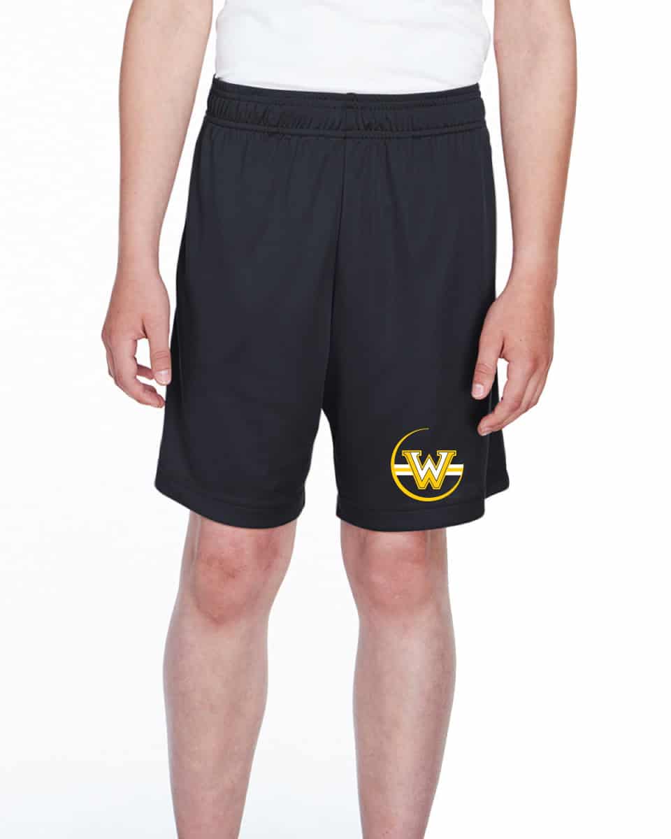 Black athletic shorts with custom W&Ln logo print, ideal for sports teams or corporate branding - high-quality custom apparel printing by K&W Printing.