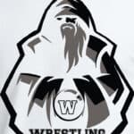 Bold black and gray graphic of a bearded wrestler wearing a hoodie, with a circle featuring a letter W, star, and the word "WRESTLING" underneath, promoting custom wrestling apparel and printing services at K&W Printing.