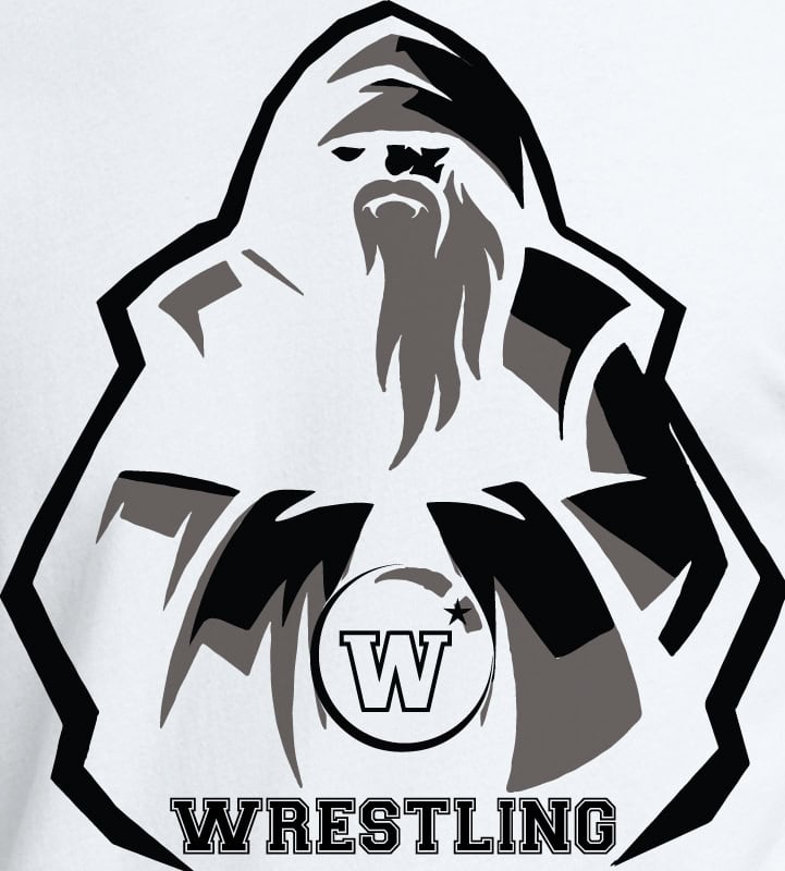 Bold black and gray graphic of a bearded wrestler wearing a hoodie, with a circle featuring a letter W, star, and the word "WRESTLING" underneath, promoting custom wrestling apparel and printing services at K&W Printing.