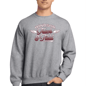 Gildan adult crewneck sweatshirt with "Windsor Track & Field" logo, ideal for team uniforms and athletic wear, featuring comfortable fabric and stylish design.
