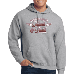 Comfortable Gildan adult crewneck sweatshirt featuring "Windsor Track & Field" logo, ideal for team uniforms and athletic wear, perfect for school sports teams and casual wear.