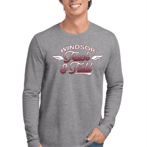 Comfortable grey crewneck sweatshirt with "Windsor Track & Field" logo, ideal for sports teams and casual wear.