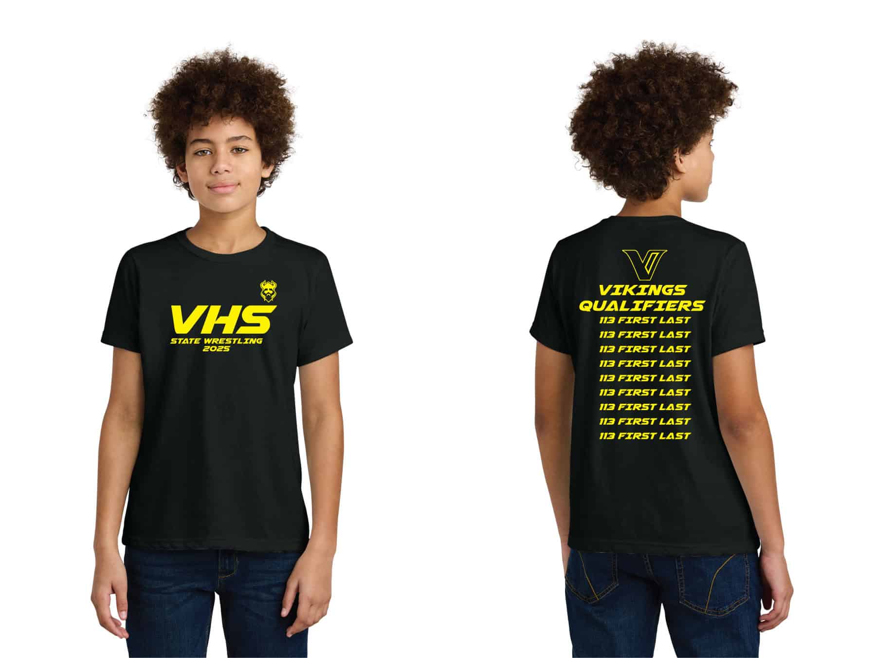 VHS state wrestling team t-shirt for youth athletes, black with yellow printed school logo and text, featuring front and back design for athletic events and team spirit.