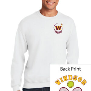 Male model wearing a white Windsor Girls Tennis T-shirt with Windsor Tennis logo, showcasing custom sports apparel for tennis teams, ideal for school spirit and athletic events.
