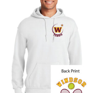 Male model wearing a white hoodie with WHS Tennis logo, promoting Windsor High School girls' tennis team, ideal for sports apparel and team spirit.