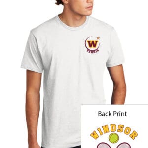 White WHS Tennis Spirit Next Level short sleeve t-shirt featuring Windsor Girls Tennis logo with tennis racket and ball, ideal for tennis teams and sports fans.