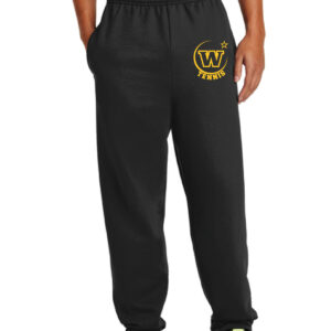 Black athletic sweatpants with custom yellow "W Tennis" logo print, perfect for sports teams or club uniforms. Suitable for activewear and team branding.