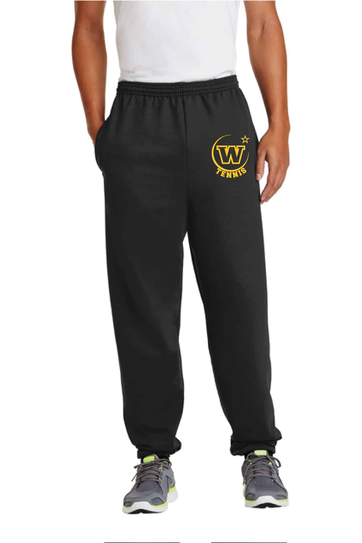 Black athletic sweatpants with custom yellow "W Tennis" logo print, perfect for sports teams or club uniforms. Suitable for activewear and team branding.