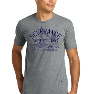 Men's gray T-shirt featuring "Severance Wrestling" logo and text, perfect for wrestling fans and champions, with a comfortable fit and bold design for sports events and casual wear.
