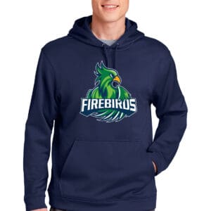 Customized navy hoodie with a vibrant FireBiros logo featuring a fierce green bird mascot, perfect for sports teams, schools, or corporate apparel branding. High-quality screen printing by K&W Printing.