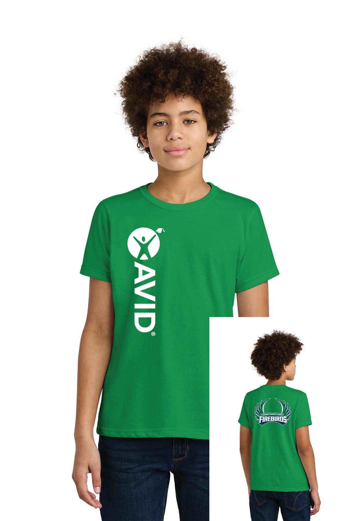 Bright green youth T-shirt with customizable printing for sports teams and events. Perfect for schools, clubs, and team branding. High-quality screen printing options available.