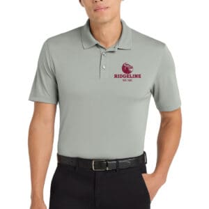 Custom embroidered team polo shirt with Ridgeline Music logo, ideal for sports, corporate events, or promotional apparel, showcasing high-quality embroidery by K&W Printing.
