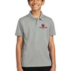 Customized sports polo shirt with Ridgeline Music logo for school's team uniforms or promotional events. Made from comfortable, durable fabric in light gray with embroidered logo.