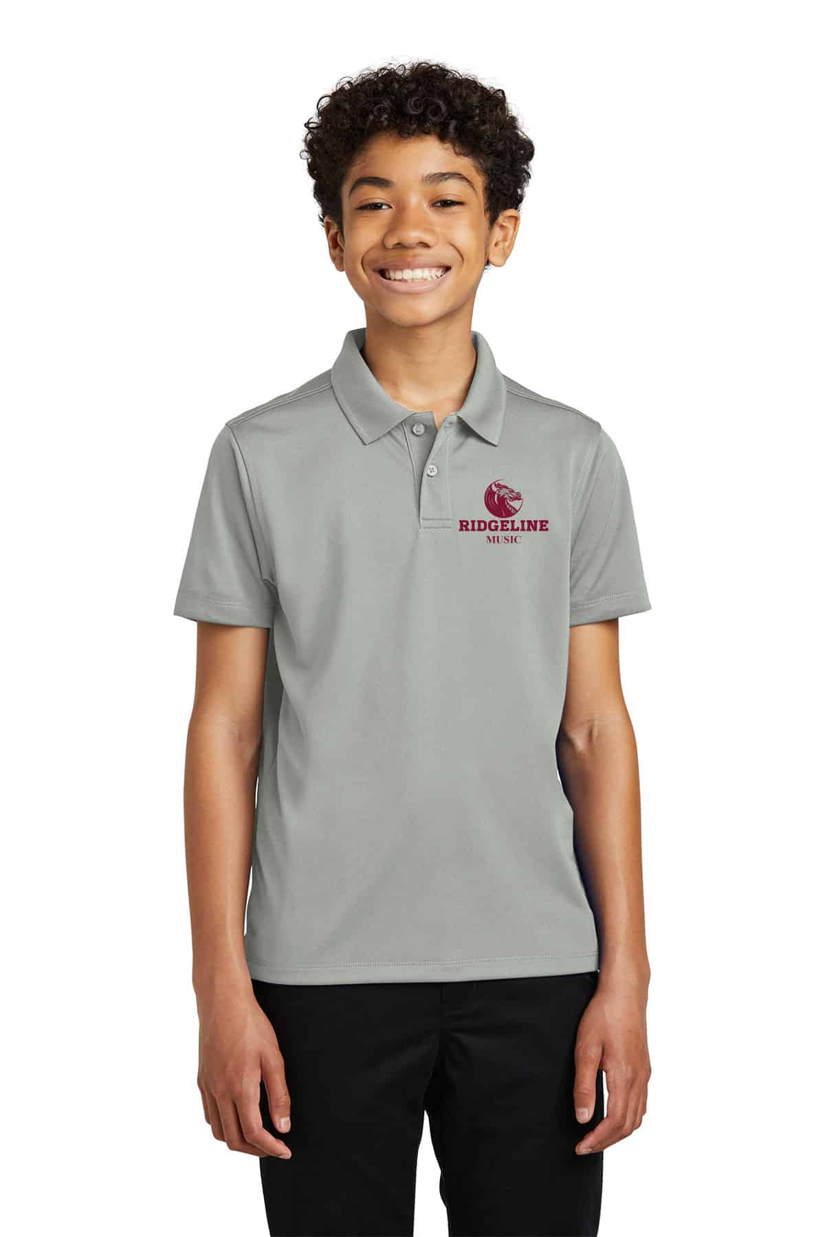 Customized sports polo shirt with Ridgeline Music logo for school's team uniforms or promotional events. Made from comfortable, durable fabric in light gray with embroidered logo.