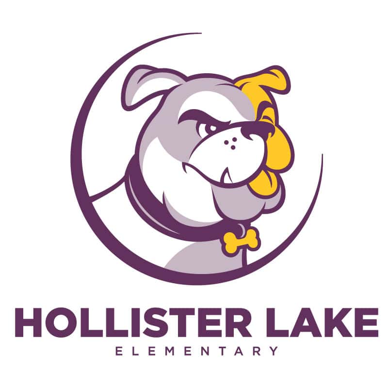 Friendly bulldog mascot for Hollister Lake Elementary School, featuring bold colors and a spirited design. Perfect for school branding, apparel, and promotional materials, representing school pride and community spirit.