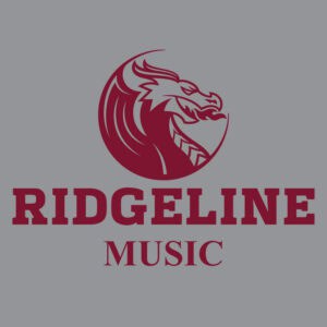 Ridgeline Music logo featuring a stylized dragon head design in maroon on a gray background for custom apparel and promotional products.