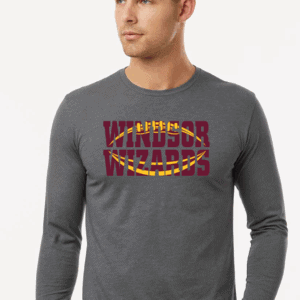 Windsor Wizards themed long-sleeve T-shirt with graphic design, perfect for sports fans and school spirit apparel. Custom printed team shirts available at K&W Printing.