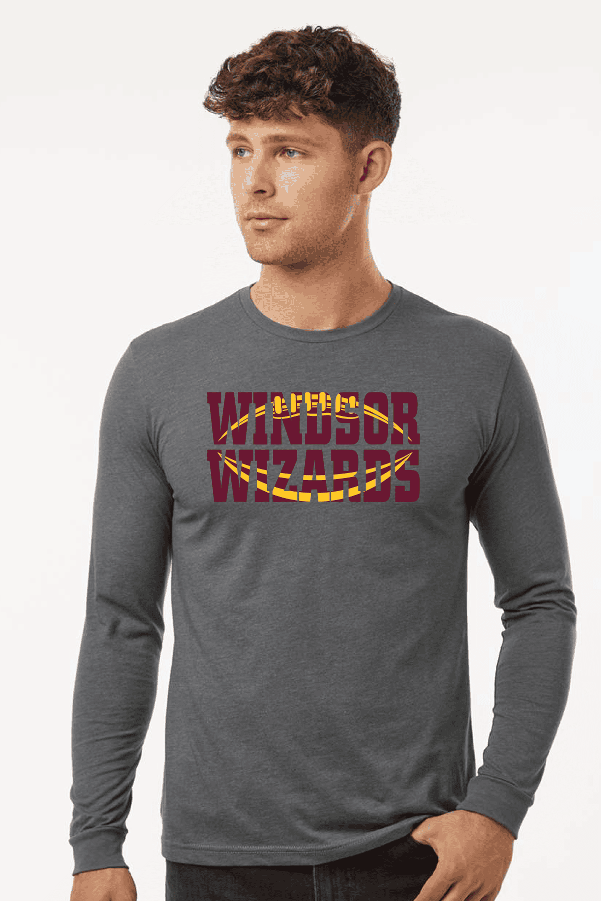 Windsor Wizards themed long-sleeve T-shirt with graphic design, perfect for sports fans and school spirit apparel. Custom printed team shirts available at K&W Printing.