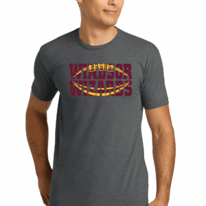 Windsor Wizards T-shirt, custom printed athletic team apparel featuring bold maroon and yellow team logo for Windsor Wizards sports fans and supporters.